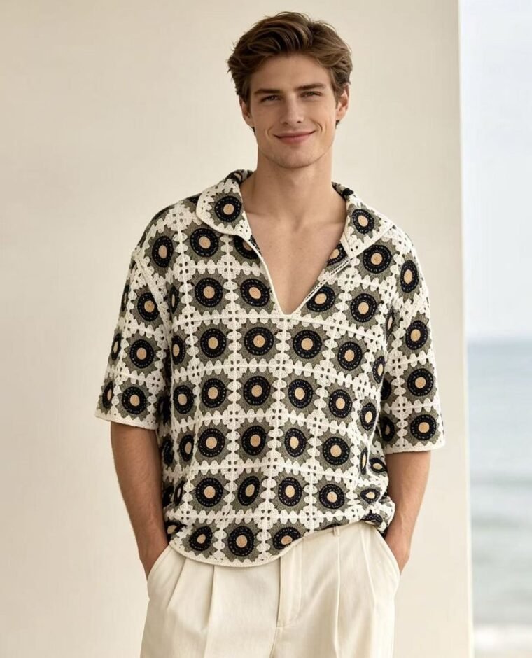 Men's Flower Motif Crochet Long-Sleeve Shirt EA-M-118